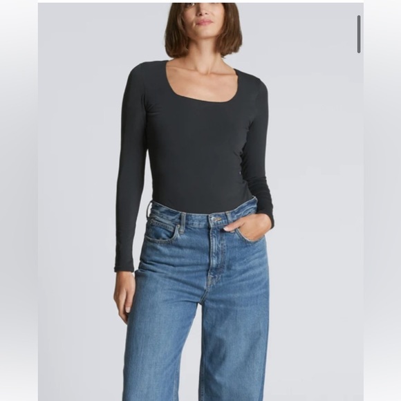 Everlane Bodysuit Square Neck Thong Long Sleeve Black S (2-4) NWT Soft Cotton - Picture 3 of 9